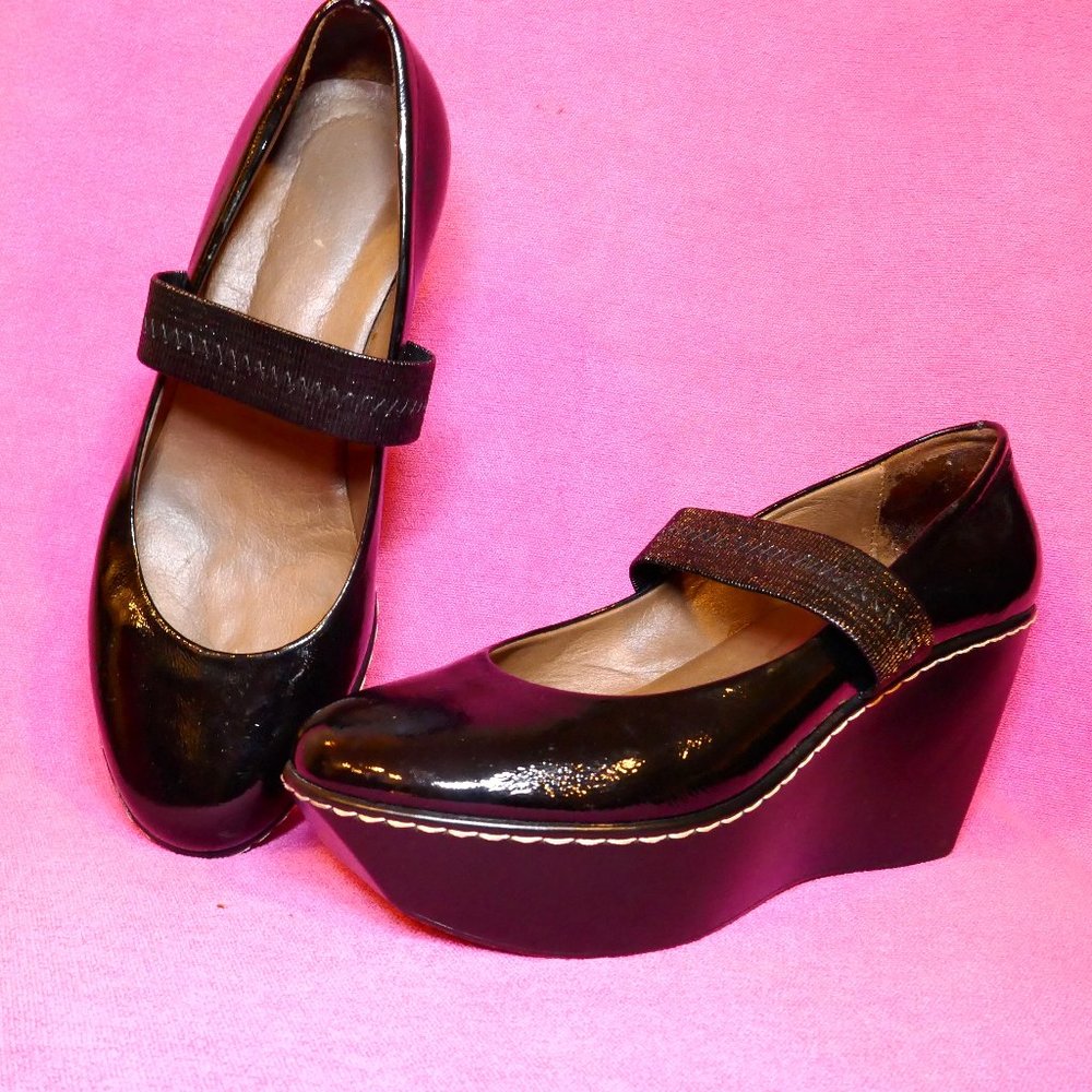 Vicini Black Patent Platform Mary Jane Wedges